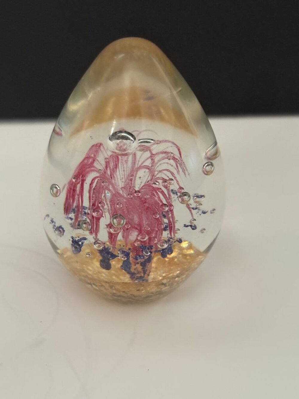 Vintage Glass Art Pink Gold Controlled Bubbles Egg Shape Paperweight 3.5"